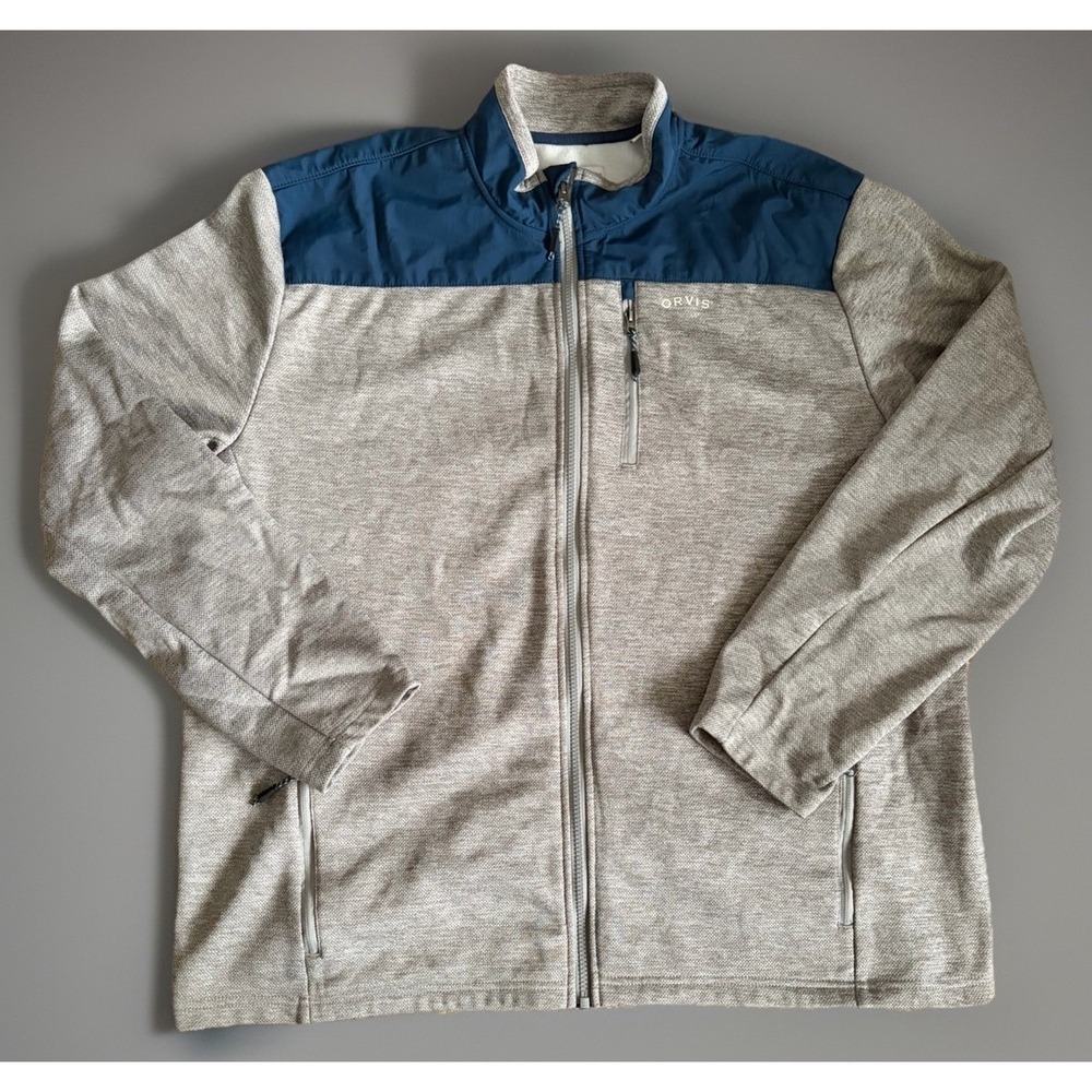 Orvis Long Sleeve Full Zipper Jacket Logo Pockets Blue Gray Colorblock XXL JBHS